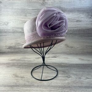 Vintage Joan Howard Original Purple Straw Hat Large Organza Rose & Veil Accent